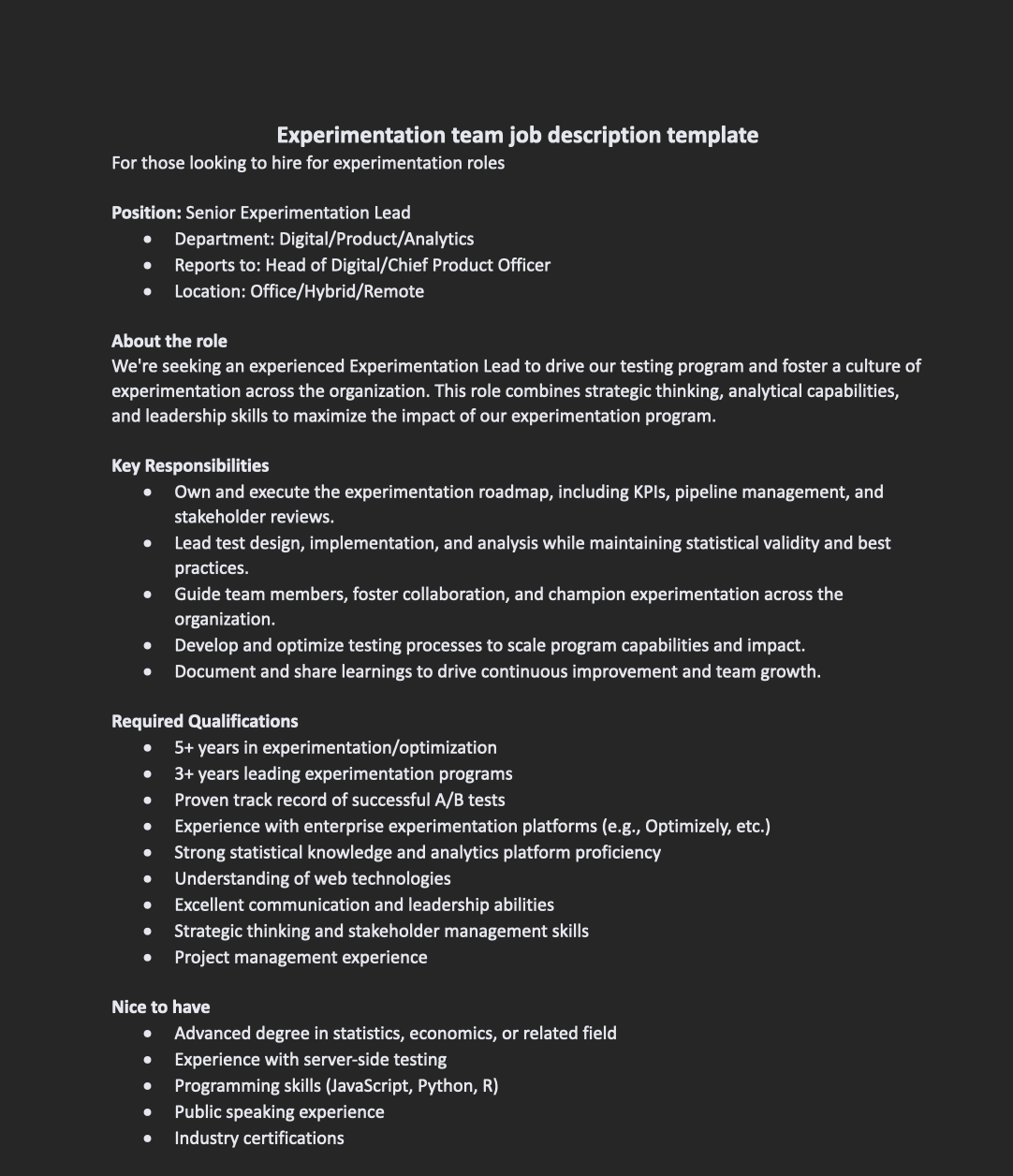 experimentation lead job template