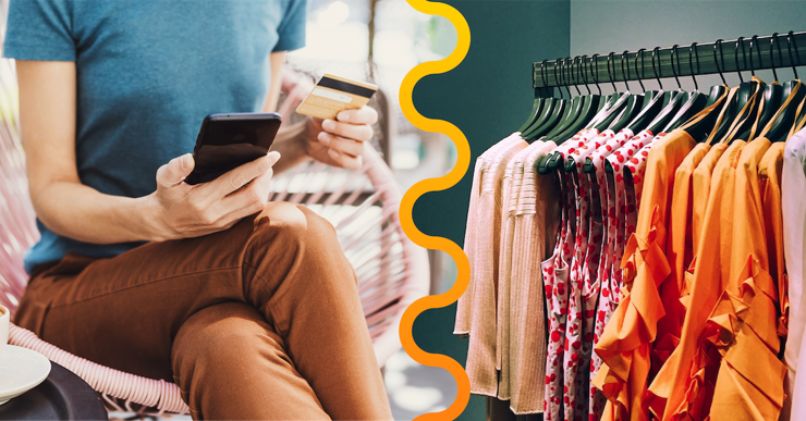 a person sitting on a chair with a phone and a bunch of clothes on the wall