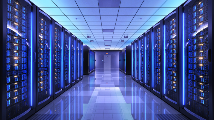 a long hallway with blue lights